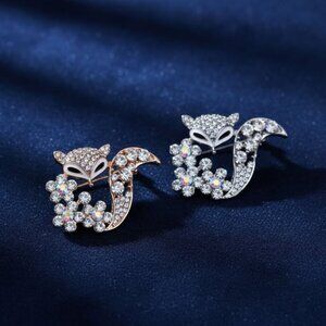 Set of 2 Fox Brooches Pins Rhinestones Silver and Rose Gold Toned NEW in Box